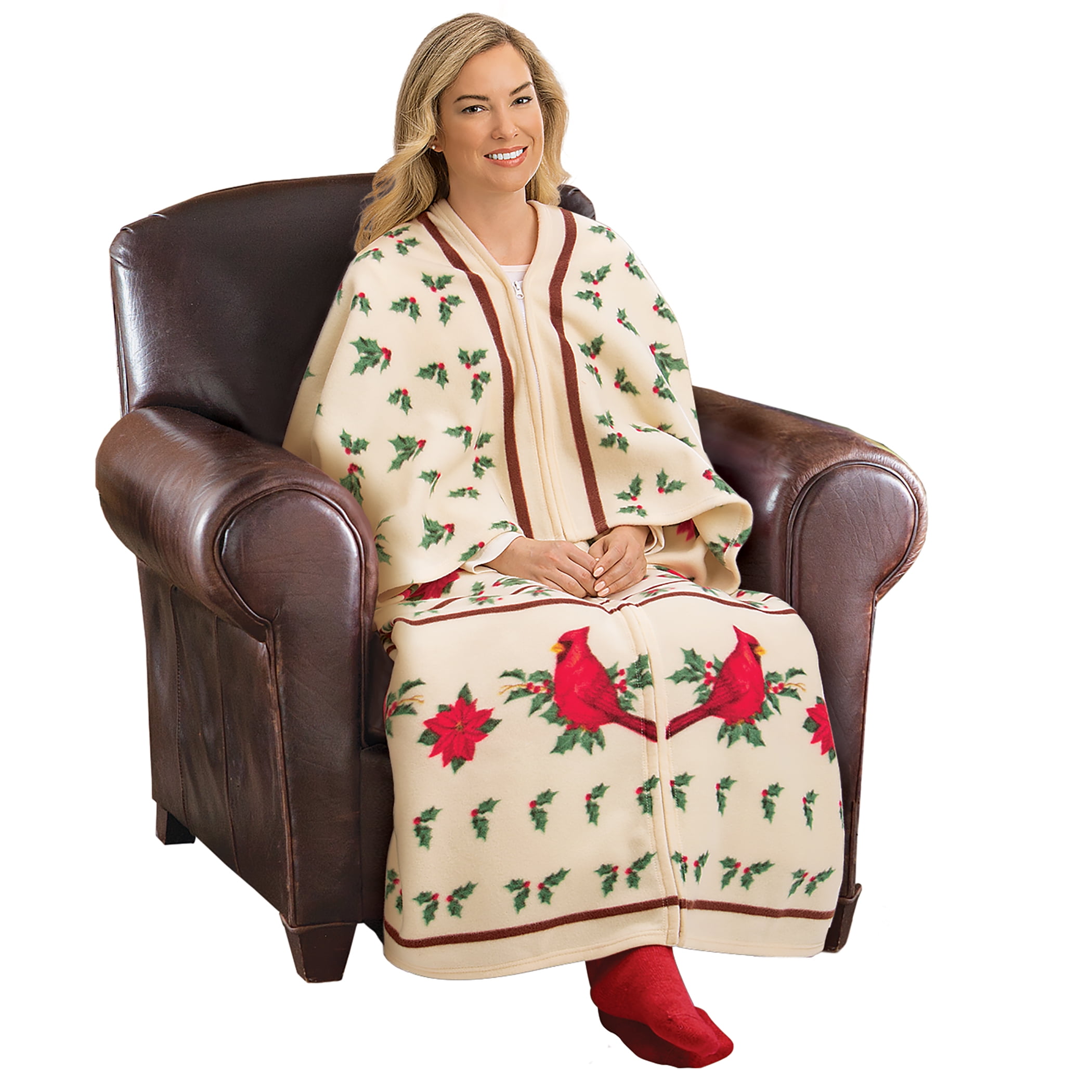 Collections Etc Cardinal and Poinsettia Soft Fleece Blanket Cuddle Wrap