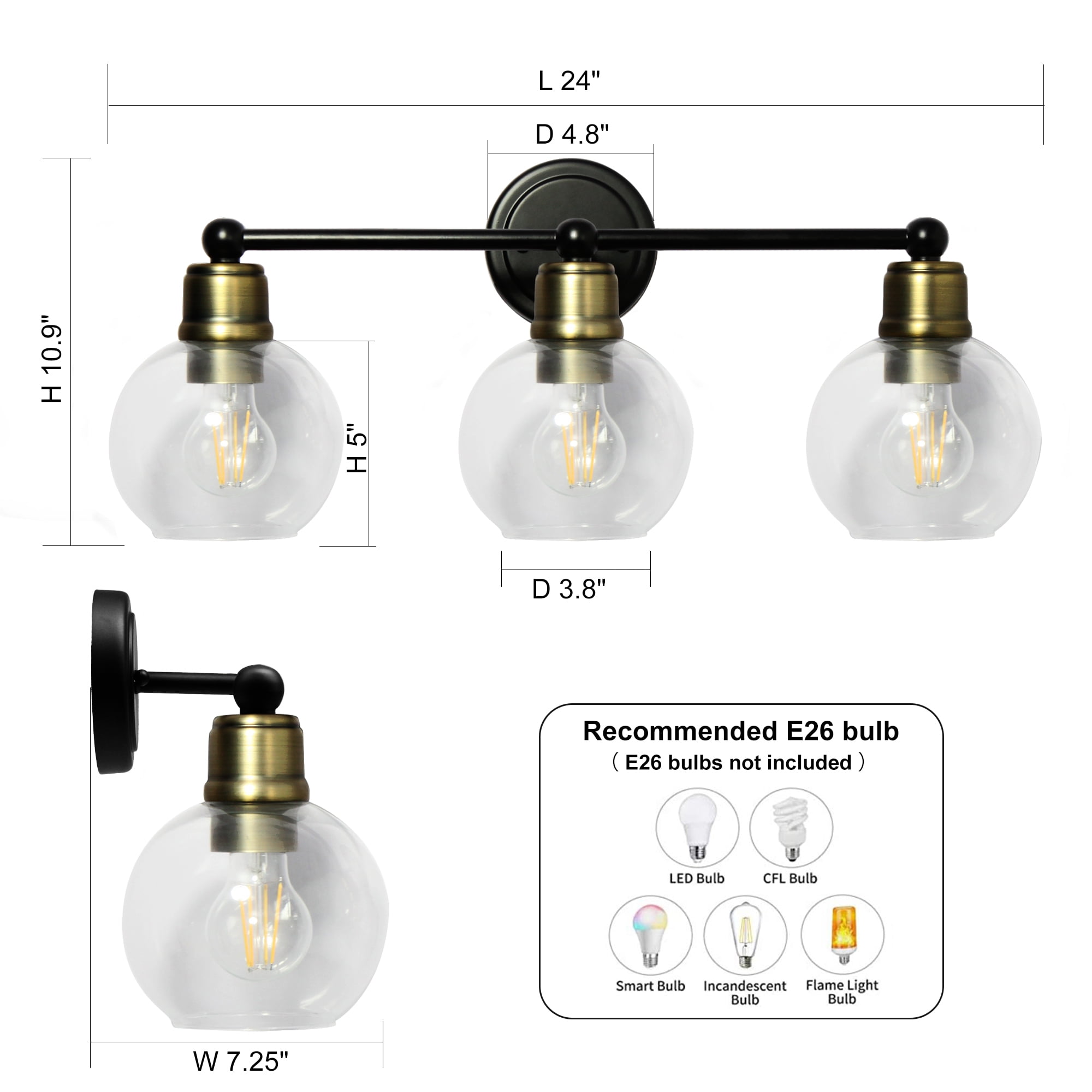 Modern Elegant 24" Black 3-Light Bathroom Stylish Vanity Light Fixture,  Wall Lamps Over Mirror, Clear Glass Shade,  Wall Sconces For Bathroom, Living Room, Kitchen, Corridor,  Bedroom