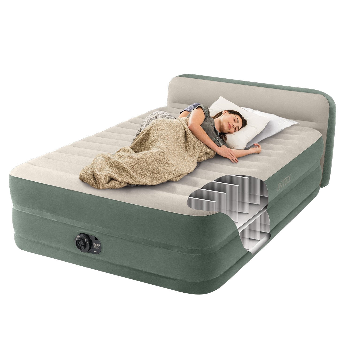 Intex 22" Queen Premium Comfort Air Mattress with Built-In Pump and Headboard (Model 66150S)