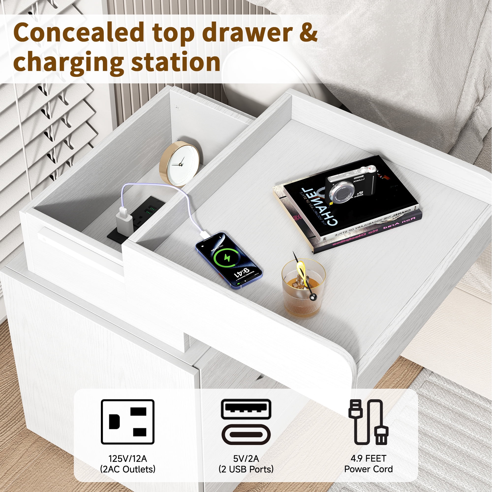 NEGYLIM Nightstand for Bedroom with 3 Drawers, Bedside Tables with Charging Station & LED Lights, Side Tables with 2 Wooden Drawers & a Sliding Top, Modern Style, for Living Room, Office, White