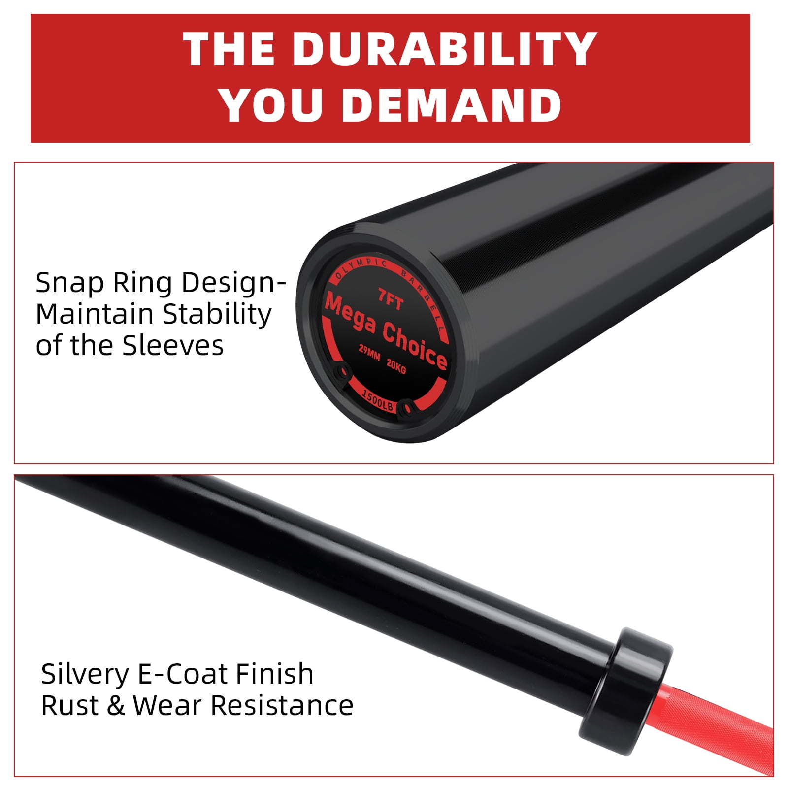 GARVEE 7FT Olympic Barbell Bar with 2 Collars,1500 LB Capacity Weightlifting & Powerlifting Bar,Fits 2-Inch Plates,Strength Training Bench Press Bar for Home Gym,Black&Red
