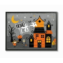 The Stupell Home Decor Collection Black Orange and Grey Trick Or Treat Haunted House Scene Ghosts Moon Pumpkins Bats Oversized Framed Giclee Texturized Art, 16 x 1.5 x 20