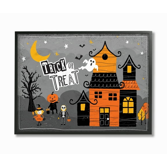 The Stupell Home Decor Collection Black Orange and Grey Trick Or Treat Haunted House Scene Ghosts Moon Pumpkins Bats Oversized Framed Giclee Texturized Art, 16 x 1.5 x 20