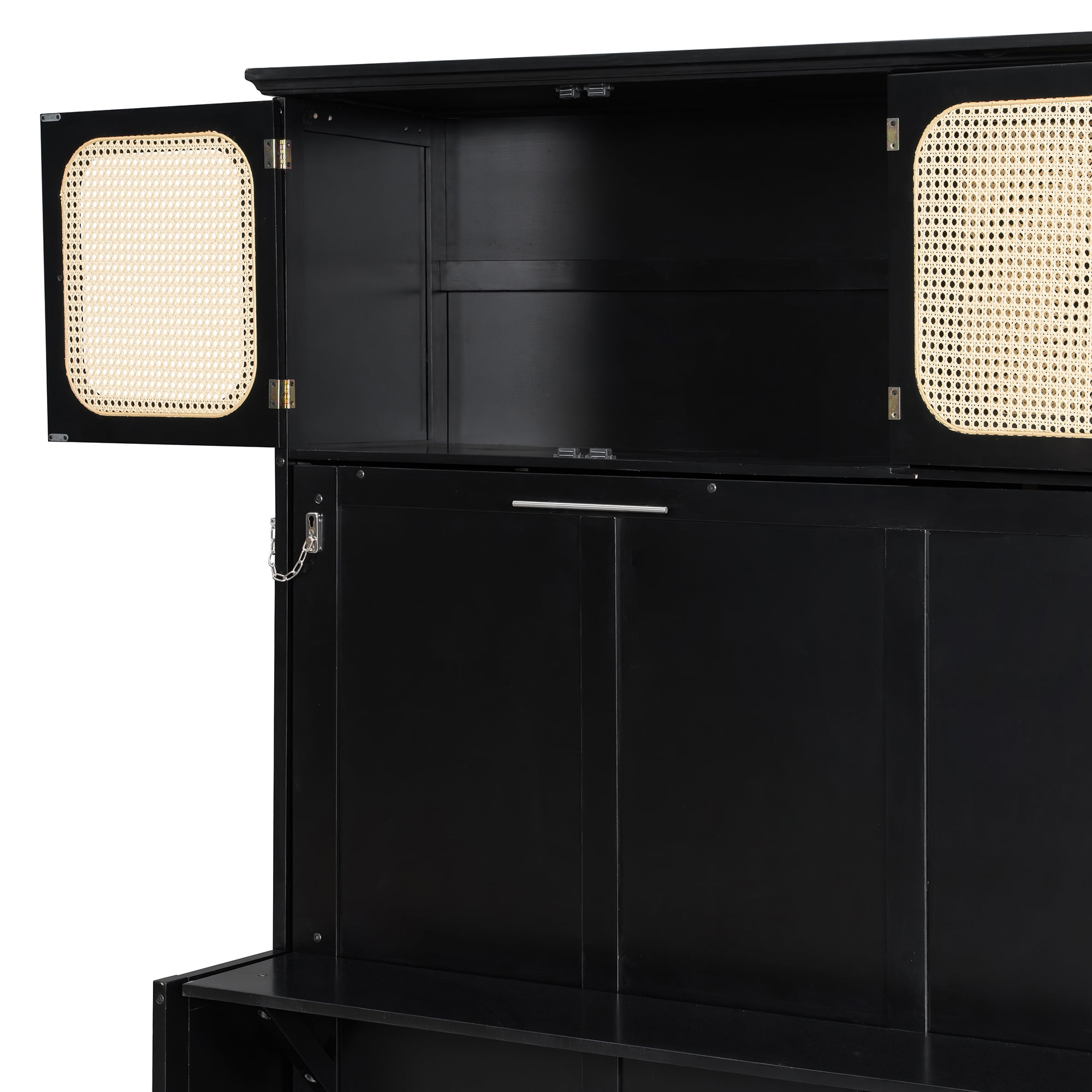 Full Size Murphy Bed with Writing Desk and Rattan Cabinets and Open Shelves for Small Space, Guest Room