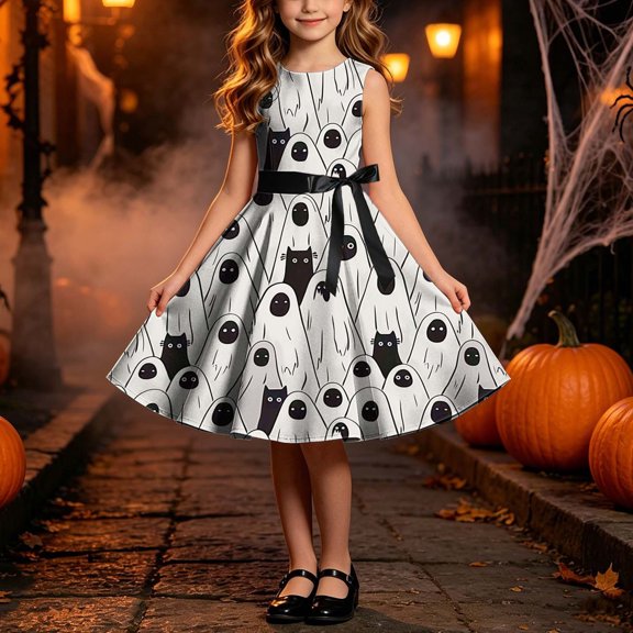 ATORRE Little Girls Sleeveless Dress Halloween Funny Print Round Neck Tank Dresses Breathable Comfortable Pleated Midi Dress with Belt White 5-6 Years
