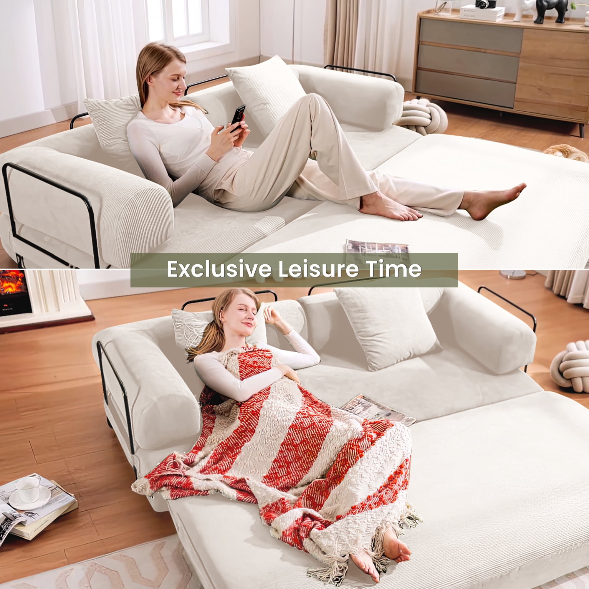 Muumblus 78" Corduroy Loveseat Cloud Sofa , Queen Size Convertible Slpper Couch Bed for Living Room, Beige