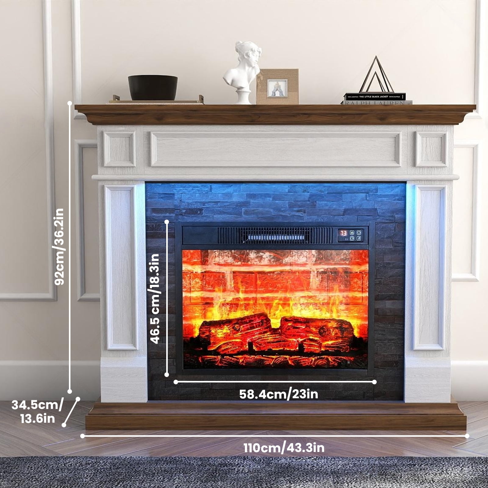 44" Fireplace Mantel with Led Lights & 23'' Electric Fireplace,Wooden Surround Firebox, Free Standing Fireplace, with Remote Control, Adjustable LED Flame,White & Brown