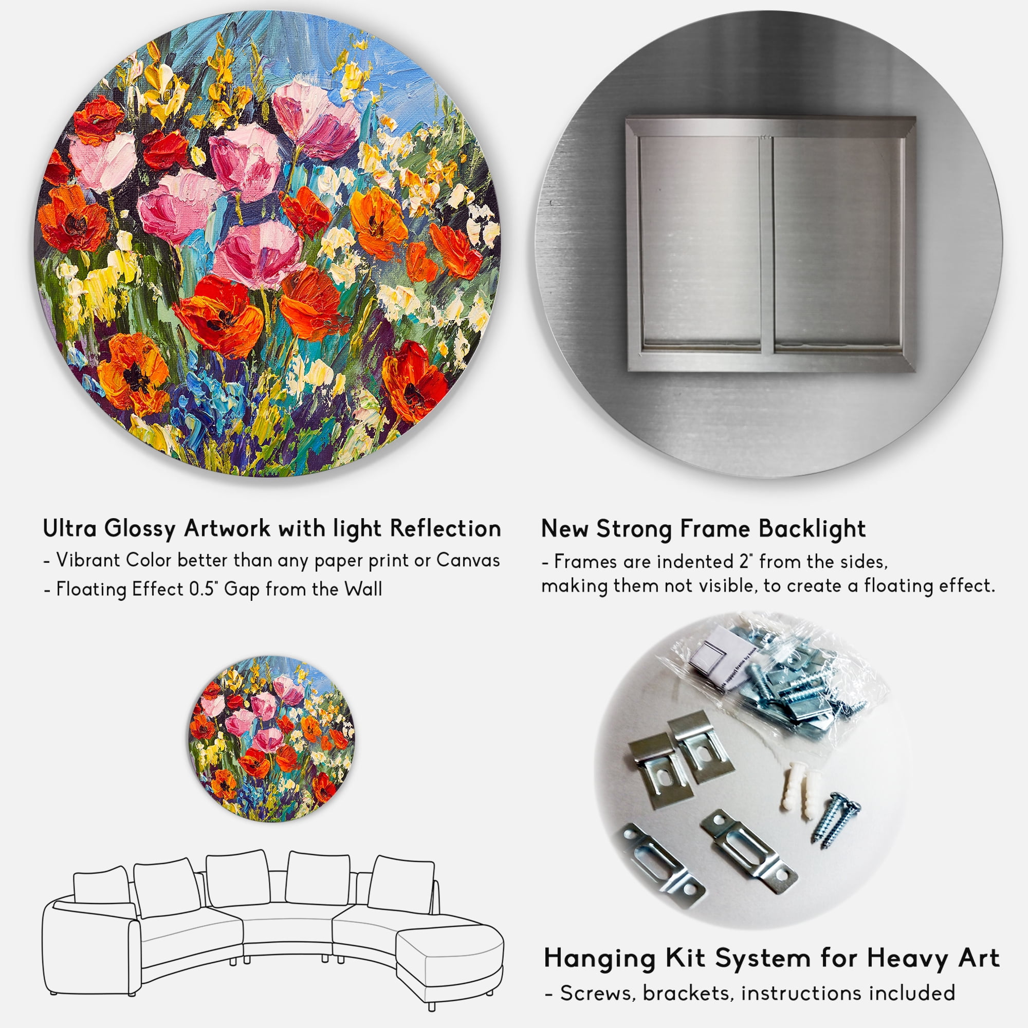 Designart 'Colorful Spring Poppies In Field' Traditional Circle Metal Wall Art 23x23 - Disc of 23