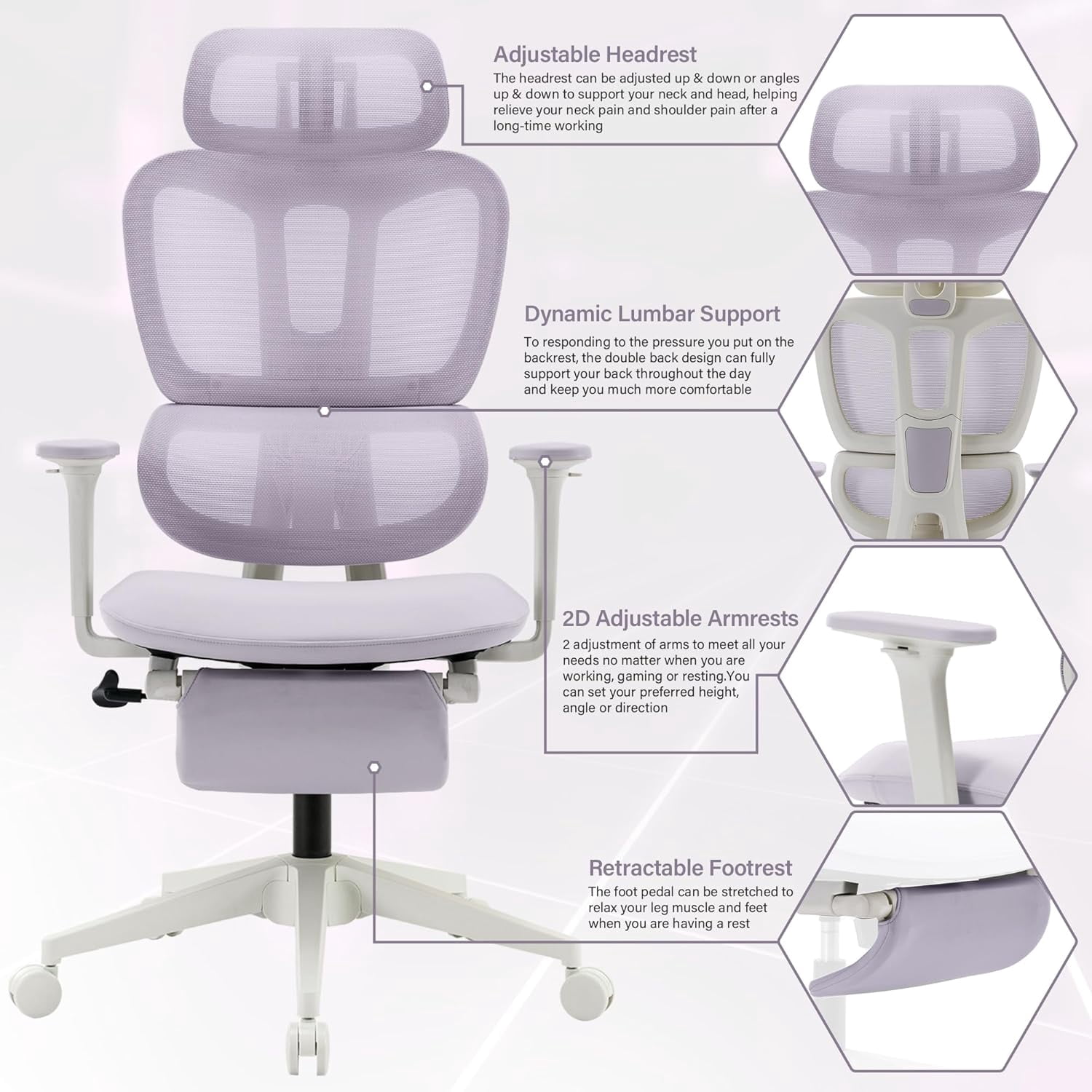 Ergonomic Office Chair with Foot Rest, High Back Computer Office Chair with Dynamic Lumbar Support, 2D Headrest, 4D Armrest, Sponge Seat, Mesh Home Office Desk Chair for Adults, Black