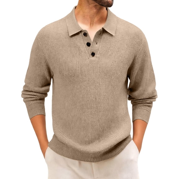 Mens Sweater Cable Knit Polo Collar Sweaters for Fall Winter Khaki L