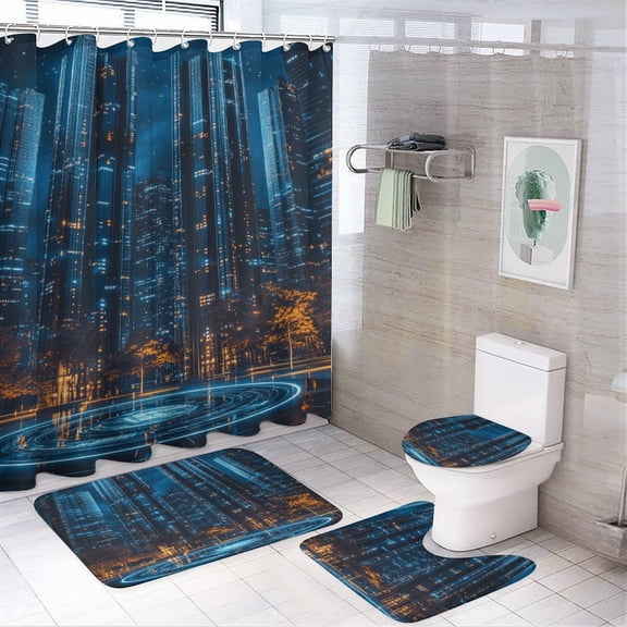 City Neon Streetview Night at Night 4 Pcs Shower Curtain Set with Rug Bathroom Sets with Waterproof Fabric And Non-Slip Rugs Toilet Lid Cover Bath Mat Decor with Hooks