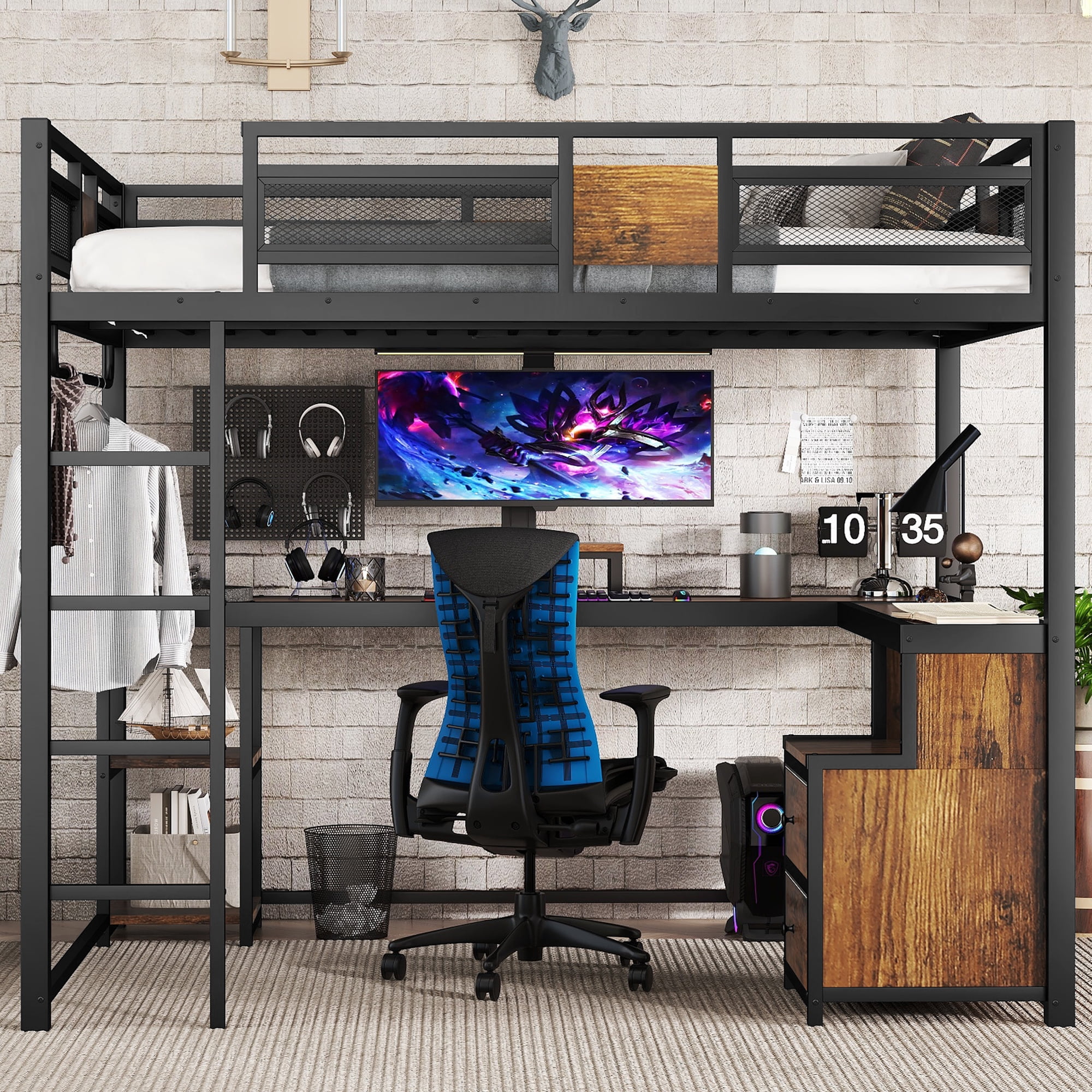 Leumius Queen Size Loft Bed with L Shape Desk,Metal Loft Bed Frame and Storage Drawers and Ladders,Nosie-Free,No Spring Box Needed,Black