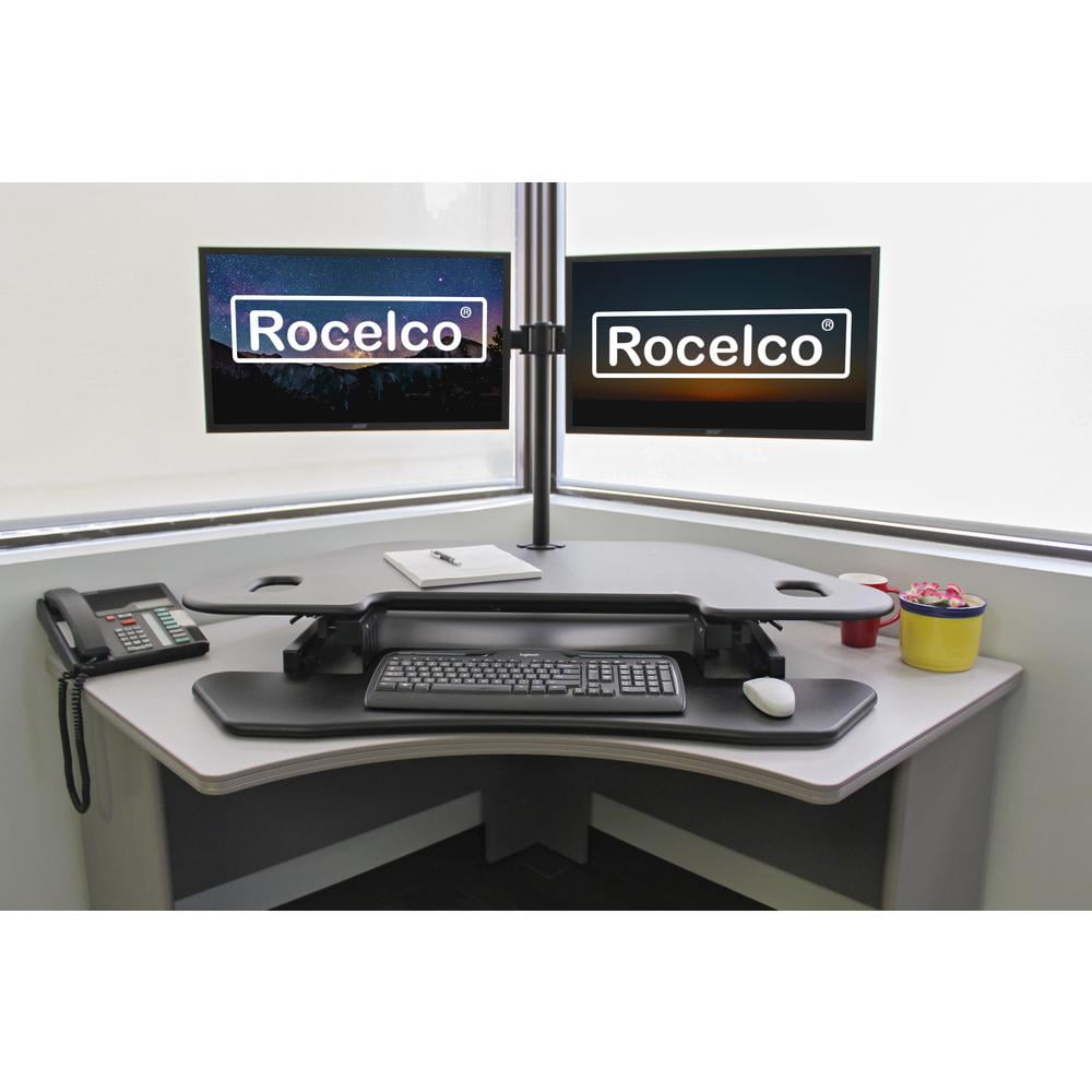 Rocelco 46" Height Adjustable Corner Standing Desk Converter with Dual Monitor Arm BUNDLE | Quick Sit Stand Up Computer Workstation Riser | Extra Large Keyboard Tray | Black (R CADRB-46-DM2)