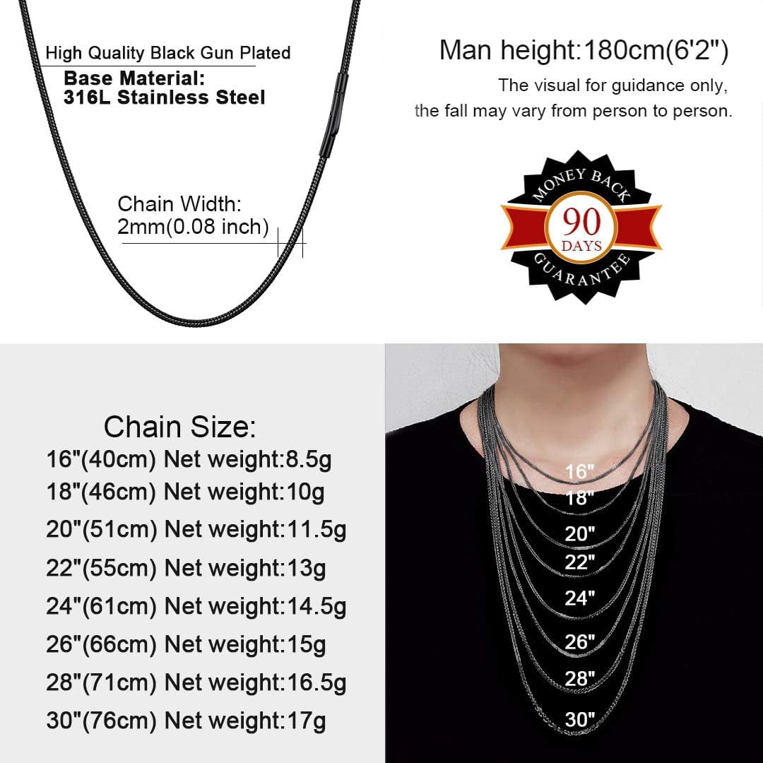 ChainsHouse 2.0mm Thin Black Snake Chain Necklaces for Women Men Stainless Steel Waterproof 16"-30" Jewelry Gift