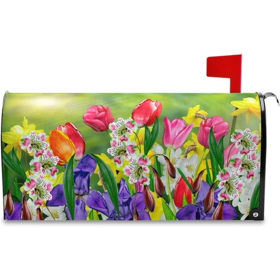 Spring Summer Flowers Mailbox Covers Magnetic Tulips Daffodils Daisy Florals Mailbox Cover Standard Size 18" X 21" Mailbox Wraps Post Letter Box Cover Garden Decorations
