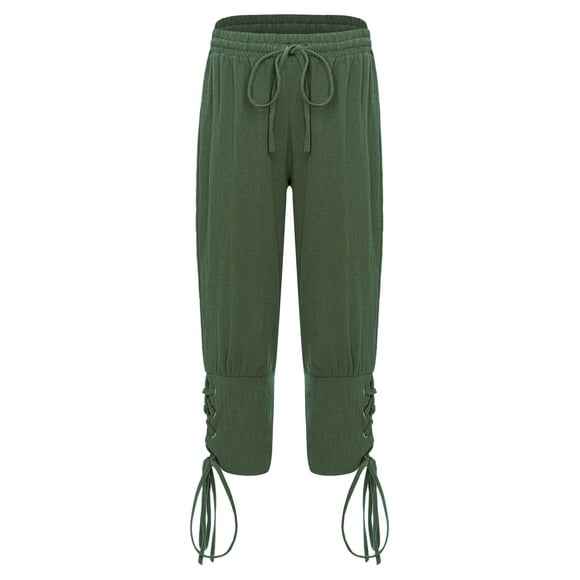 Linjinx Men's Medieval Ankle Banded Pirate Pants Gothic Renaissance Viking Pirate Costume Lace-Up Trousers Green 120/125