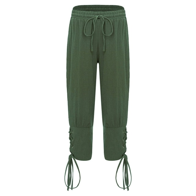 Linjinx Men's Medieval Ankle Banded Pirate Pants Gothic Renaissance Viking Pirate Costume Lace-Up Trousers Green 130/135
