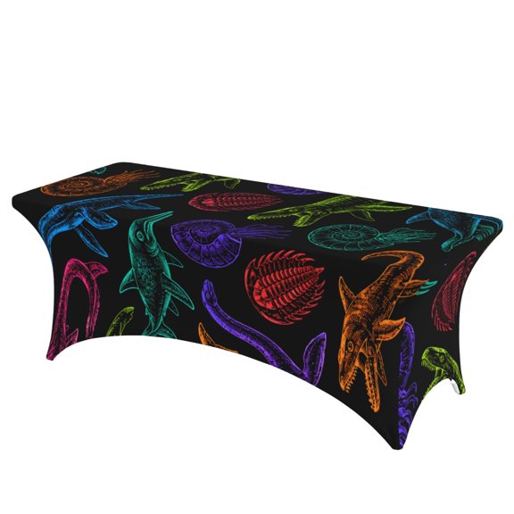 Prehistoric Sea Creatures Doodle Stretch Rectangular Table Cover 6FT Elastic Fitted Tablecloth for Parties, Weddings, Banquets