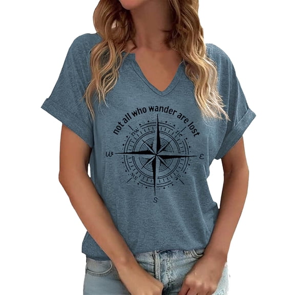 Bainana Casual Tops For Women Cartoon Print Short Sleeve V Neck T Shirt Soft Breathable Ladies Everyday Wear Basic Tee Top Light Blue Size L