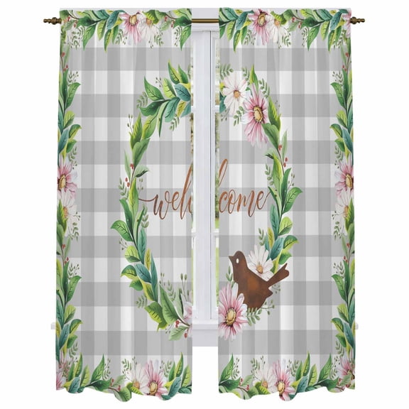 Spring Botanical Kitchen Curtain for Berdoom Living Room Cafe 72 Inch Length, Garden Birds Floral Leaves Gray Plaid Tiers Curtains Light Filtering Drapes Window Treatment 2 Panels 52"Wx72"L
