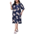 thumbnail image 2 of Agnes Orinda Women's Plus Size Mother's Day Satin Nightgown Floral Print Round Neck Short Sleeve Lounge Midi Sleepwear 4X Navy Blue, 2 of 6