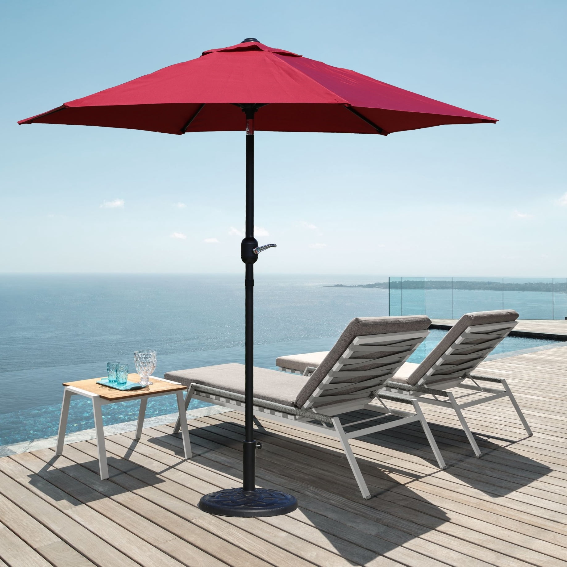cheap outdoor patio set w umbrella PHI VILLA Black 8-Piece Metal Patio Outdoor Dining Set with Slat Rectangle Table, Textilene Swivel Chairs and Beige Umbrella