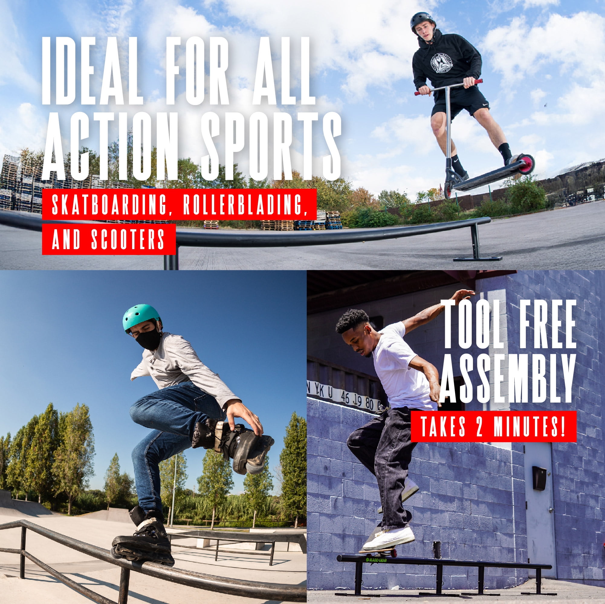 Grind Rail for Scooters, Skateboards, Inline Skates – 55" Round Rail with 3-Step Adjustable Height – Durable & Stable – Madd Gear