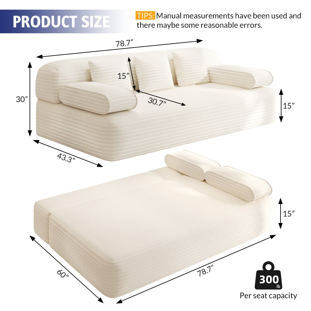 Miniyam 78.7" Sleeper Sofa Bed, Convertible Corduroy Floor Couch, No Assembly, 3 Pillows, Beige