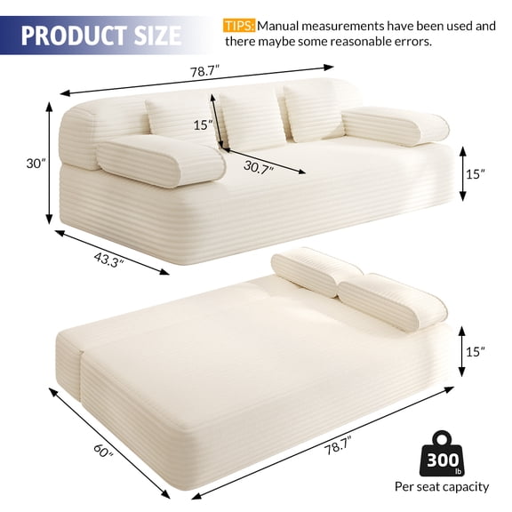 78.7" Frameless Sofa,2-in-1 Convertible Sofa Bed with 3 Pillows – Plush Corduroy Fabric, Multi-Functional 3-Seater Couch for Small Spaces, Apartments and Bedrooms,Beige