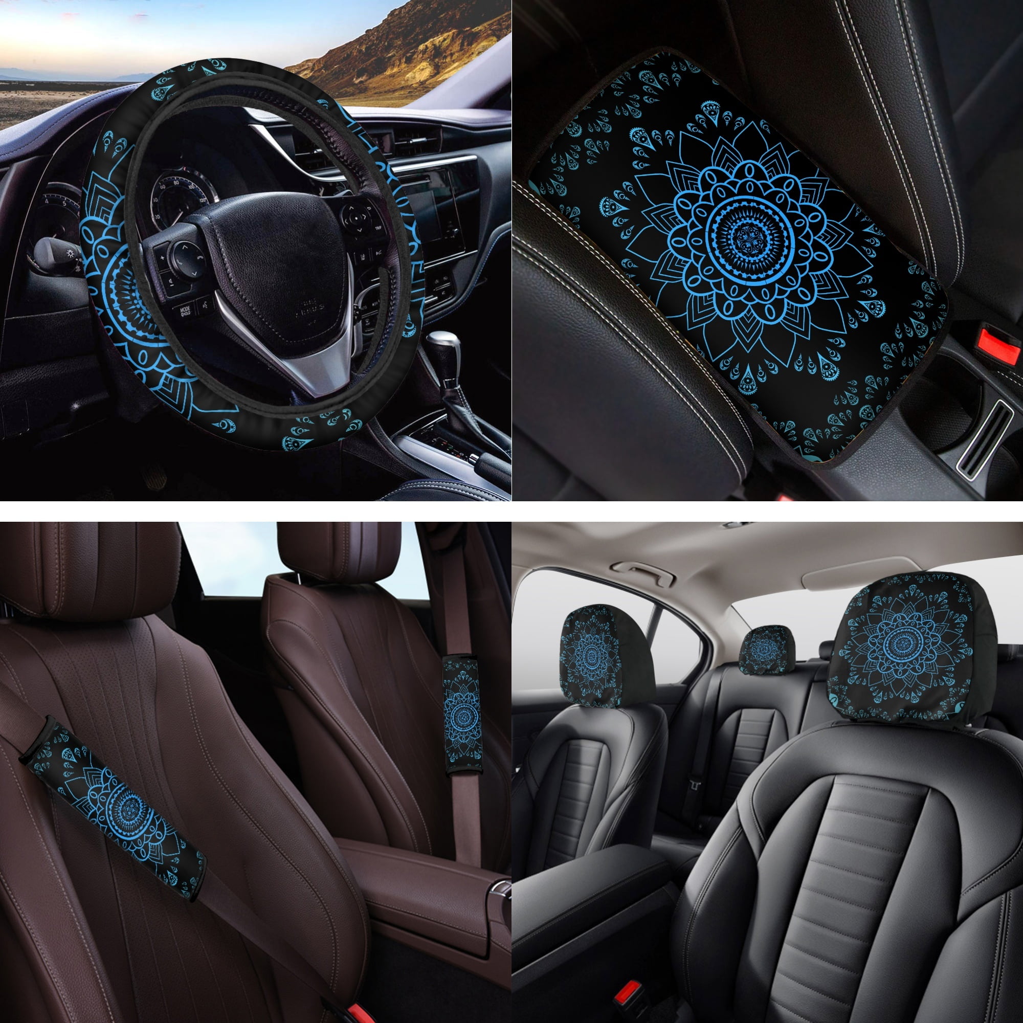 Jeiento Boho Mandala Flower 14 PCS Car Seat Cover Set Steering Wheel Cover Seat Belt Strap Pads Cup Coasters Armrest Cover Pad Headrest Covers Key Ring for SUV Truck Van Sedan, Blue