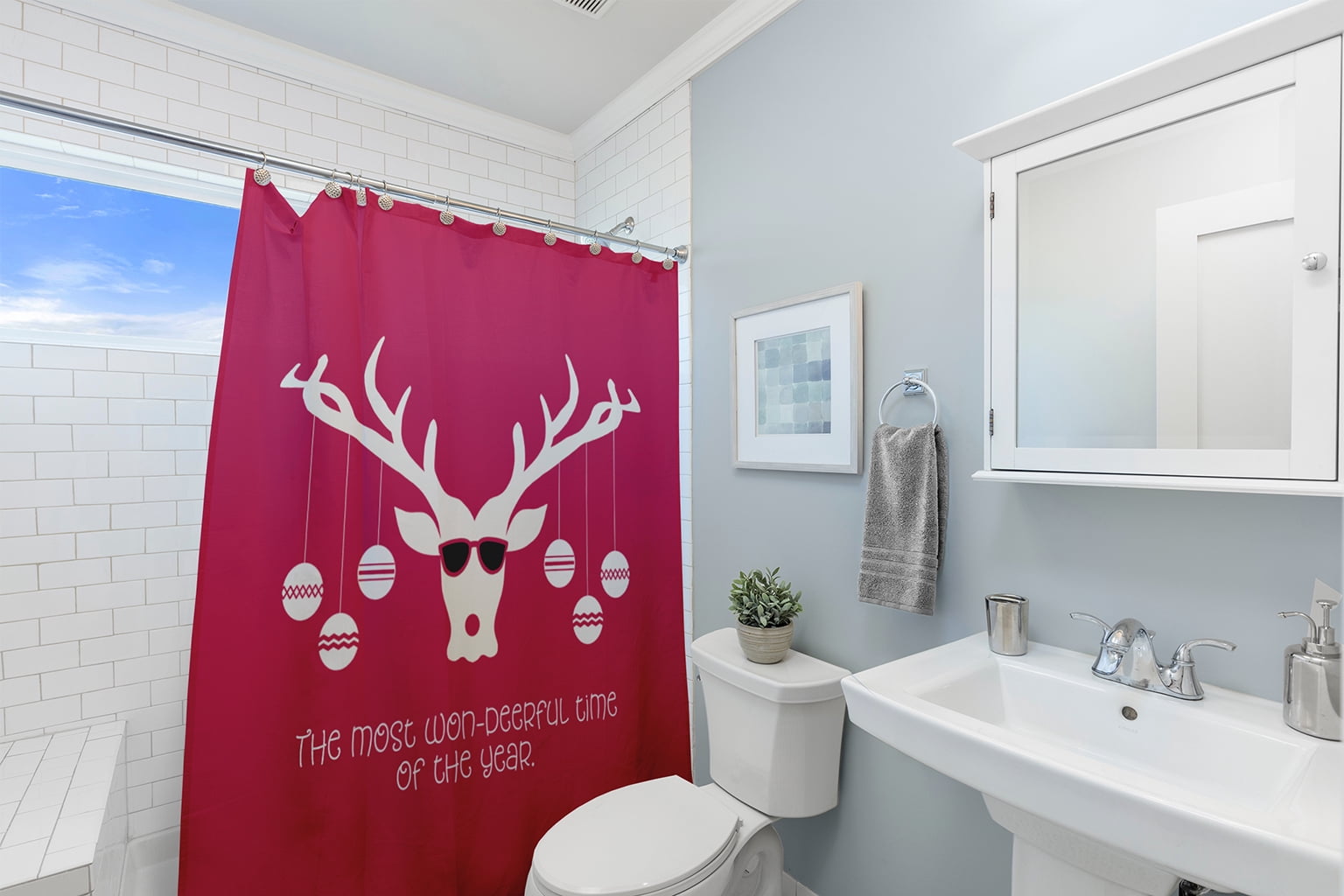 Simply Daisy 70" W x 73" L Cool Christmas Deer Polyester Shower Curtain, Holiday Pink [1 Ct]
