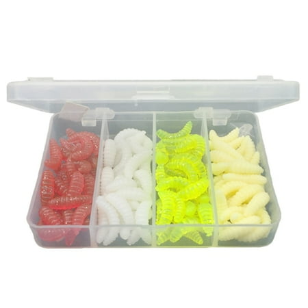 AQGT 100Pcs 4 Colors Maggot Grub Outdoor Fishing Lure Worm Silicone Soft Bait Tool