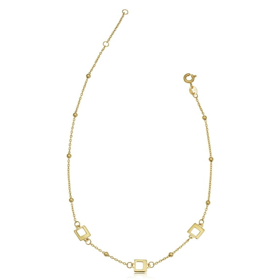 KoolJewelry 14k Yellow Gold Squares and Beads Station Adjustable Length Anklet (adjusts to 9 or 10 inch)