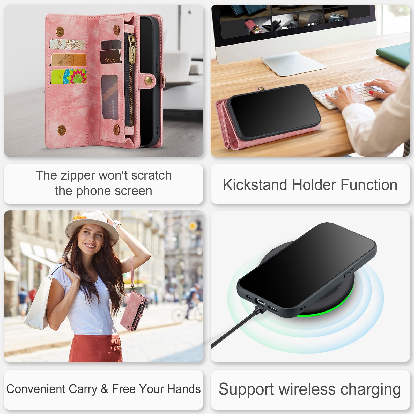 Feishell Durable 2-In-1 Magnetic Detachable Wallet Case for iPhone 12 / iPhone 12 Pro,for Women Men,Premium PU Leather Zipper Pocket Flip Multi Card Slots Purse Phone Case with Wrist Strap,Pink