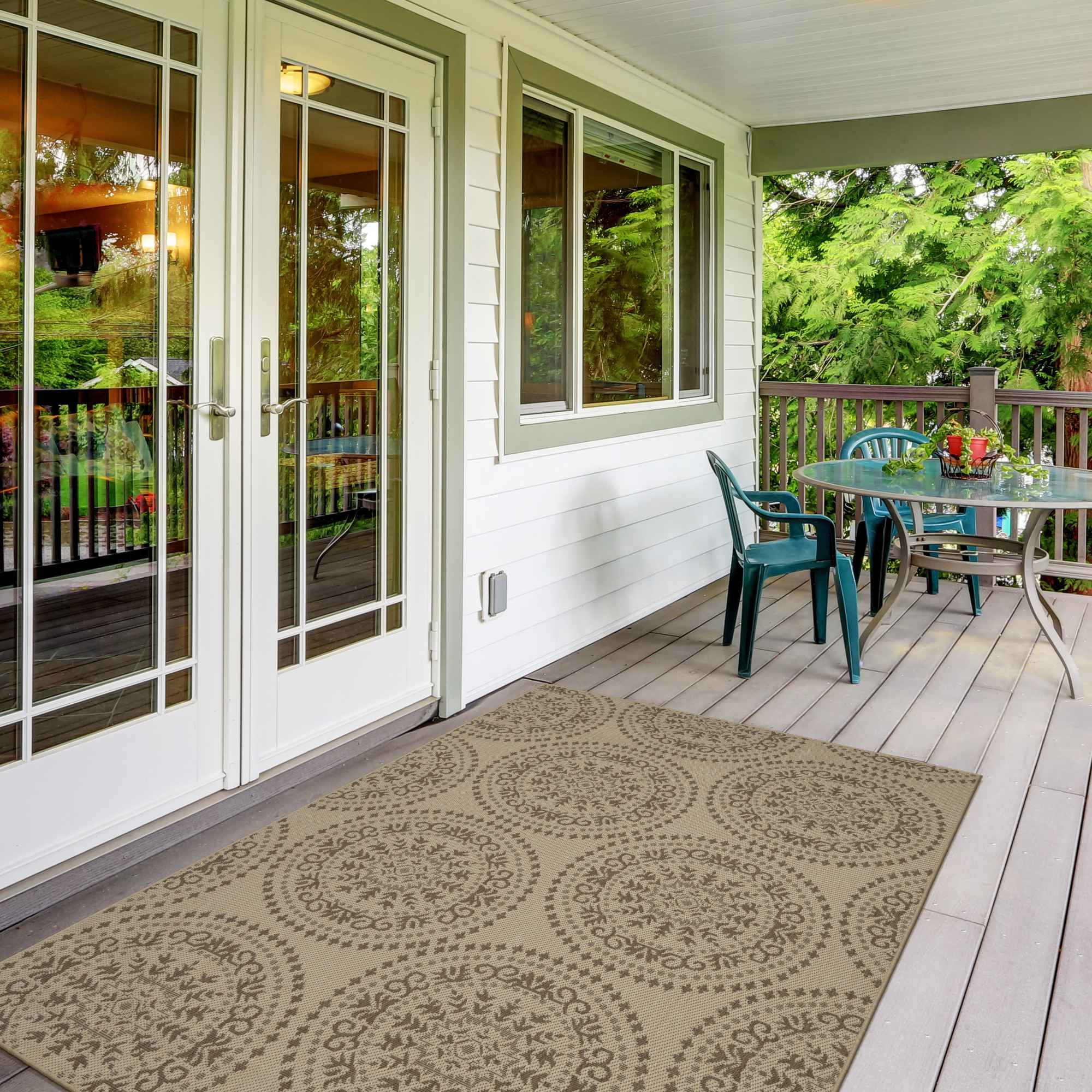 Ottomanson Landscape Medallion Design 5x7 Non Shedding Indoor/Outdoor Area Rug, 5'3" x 6'11", Beige