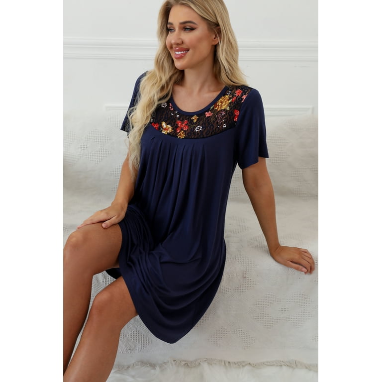 JWD Lightweight Women's Sleepwear Nightgown, Short Sleeve Soft Sleepshirt Pleated Nightshirt Scoopneck Casual Loungewear