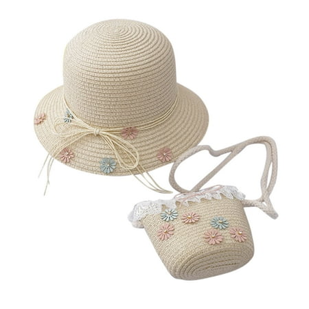 

Relanfenk Baby Hats Children Girl Summer Sunscreen Sunshade Straw Beach Sun + Straw Bag Hat