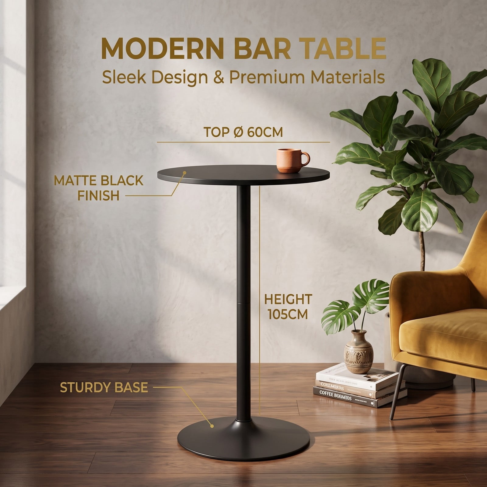 Furnibear 24 Inch Round Cocktail Table, Modern Tall Bar Bistro Table with Sturdy Metal Base and Waterproof MDF Top for Kitchen Dining Pub Home Wedding, 40 Inch, Black
