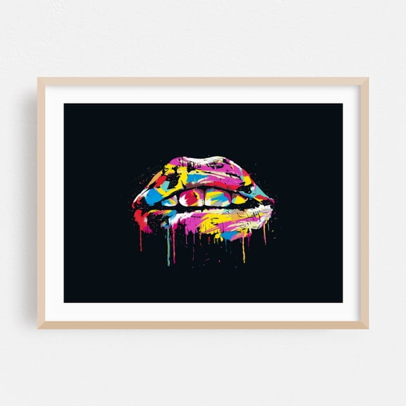Colorful lips - Painting Pop Art Modern Art Psychedelic Abstract Graffiti Surrealism Oak Framed Wall Art Print 5 x 7 inches