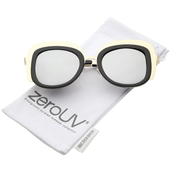 zeroUV Female Oversize Metal Frame Border Colored Mirror Lens Square Sunglasses (Gold-Black / Silver Mirror) - 50mm