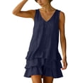 thumbnail image 6 of Women's Cotton Linen V Neck Sleeveless Mini Dress Babydoll Summer Cute Layered Ruffle Swing Tank Dress, 6 of 7