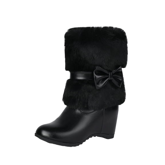 Black Womens Boots For Winter Casual Wear Plus Size Comfortable High Heel Short Boots With Bow Detail Height Increasing Footwear Size 36