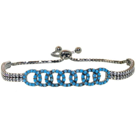Pori Jewelers Turquoise CZ 18kt Black Rhodium-Plated Sterling Silver Multi-Circle Friendship Bolo Adjustable Bracelet