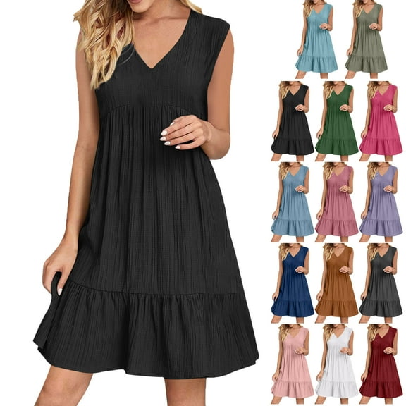 Summer Dresses for Women Plus Size Clearance Sales Casual Loose Sleeveless V-Neck Pleated Sundress Mini Swing Dress for Women Beach Fashion Daily Holiday Vacation