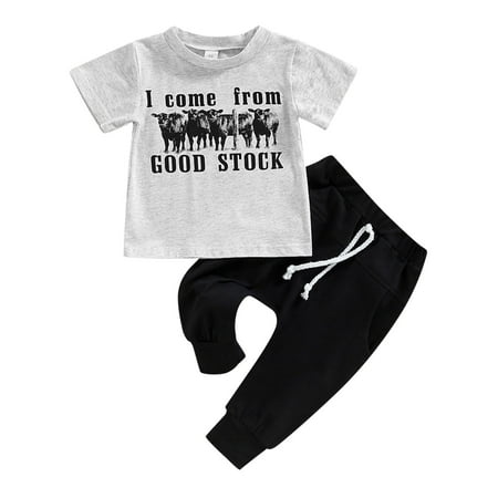 

Toddler Boys Girls Short Sleeve Casual Letter Cartoon Cow Printed Lovely T-Shirt Tops Pants Outfits Baby Clothing