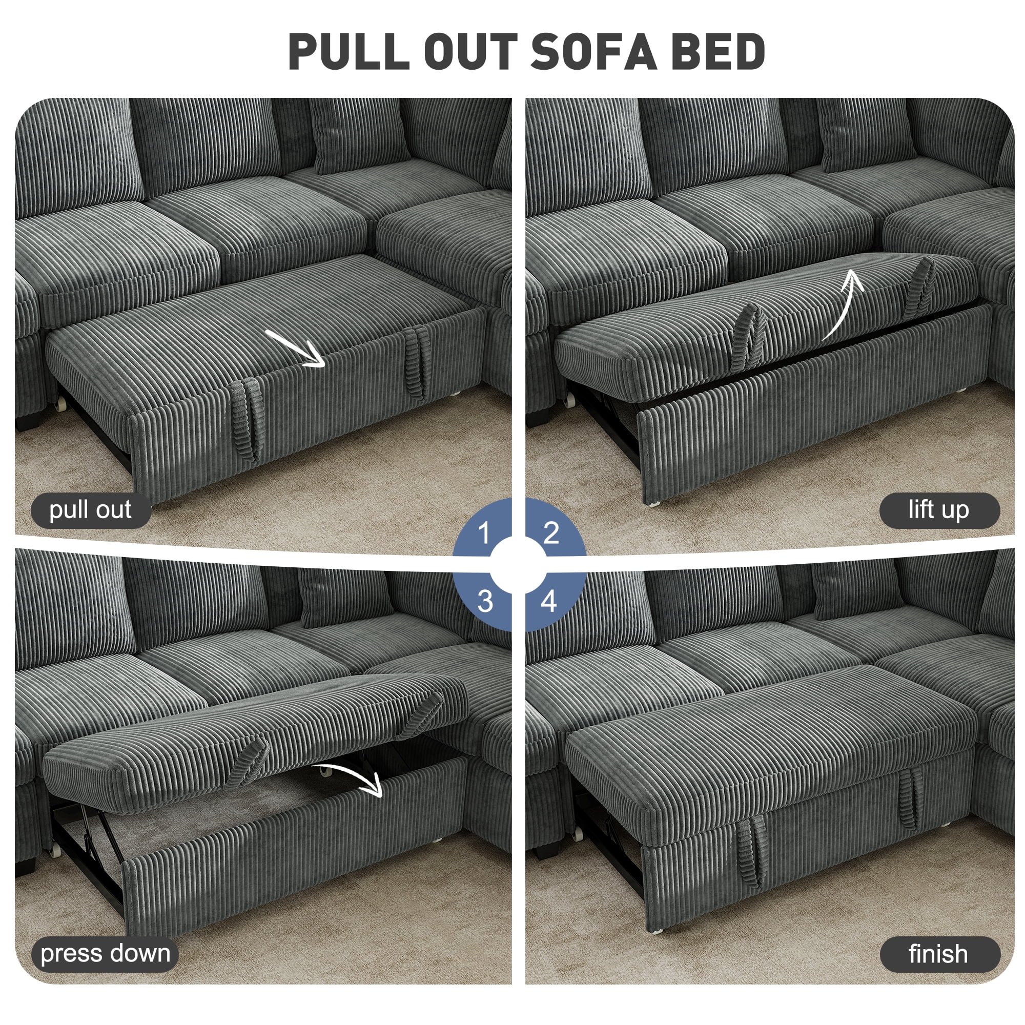 BedLuxury 110" Sectional Sleeper Sofa with Pull Out Bed, Storage Seat & USB Charging, U Shaped Modern Couch for Living Room, Corduroy Gray