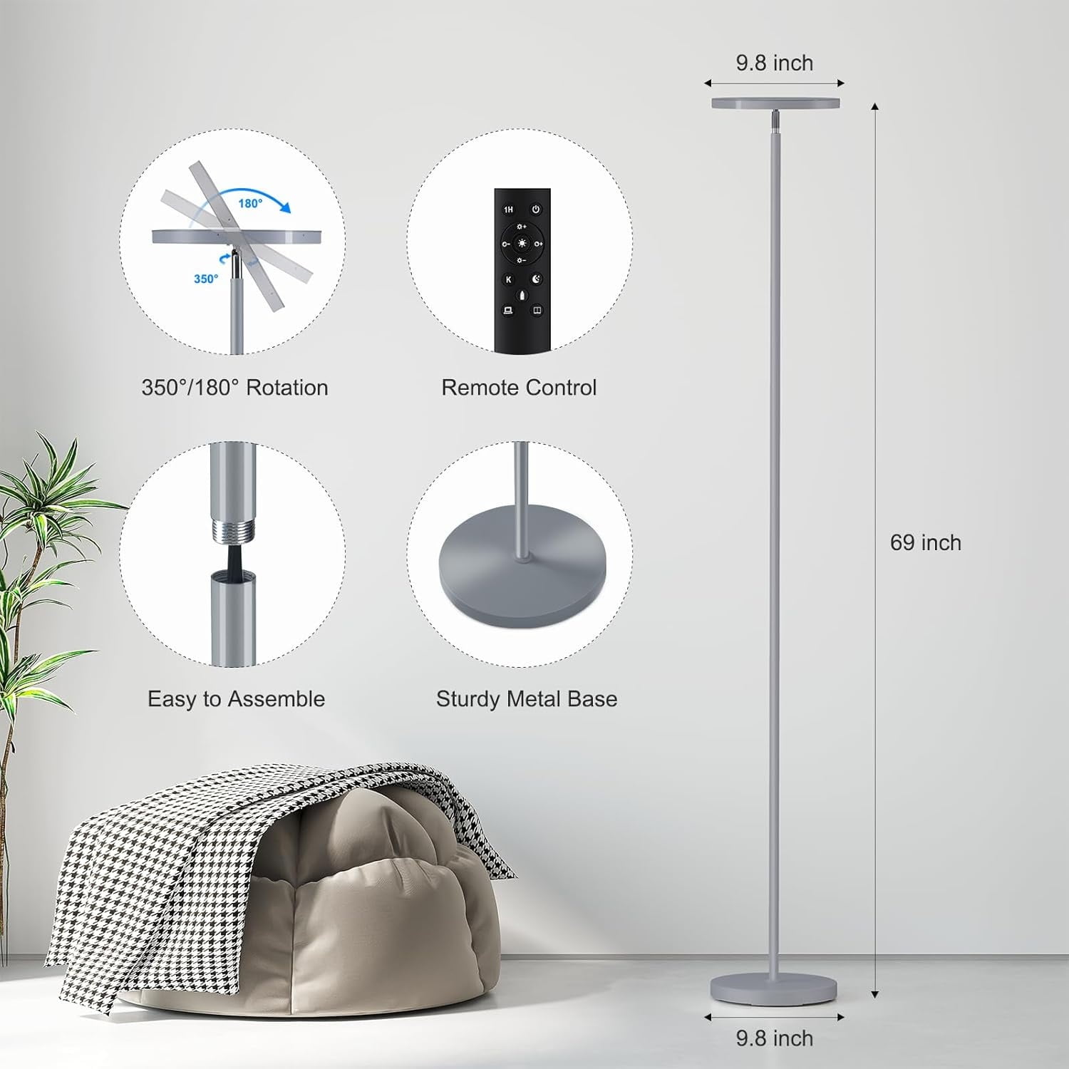 Floor Lamps for Living Room, 32W/3000LM Super Bright LED Floor Lamp with Remote Control, 69" Tall Standing Lamp with Stepless Dimmable, Modern Corner Lamp for Bedroom, Office Grey