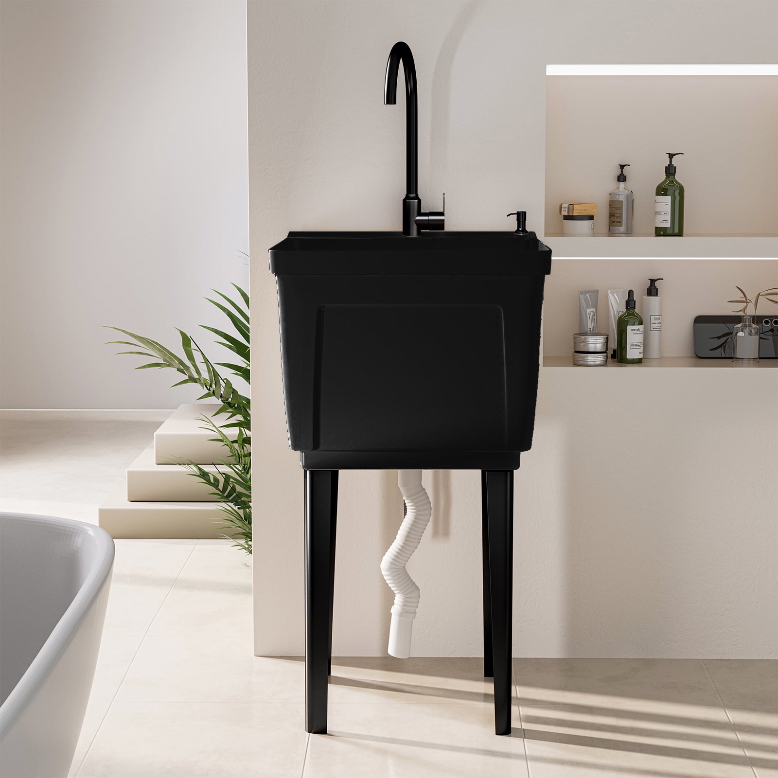 TABU Freestanding Utility Sink Laundry Tub, with Stainless Steel Faucet, Black