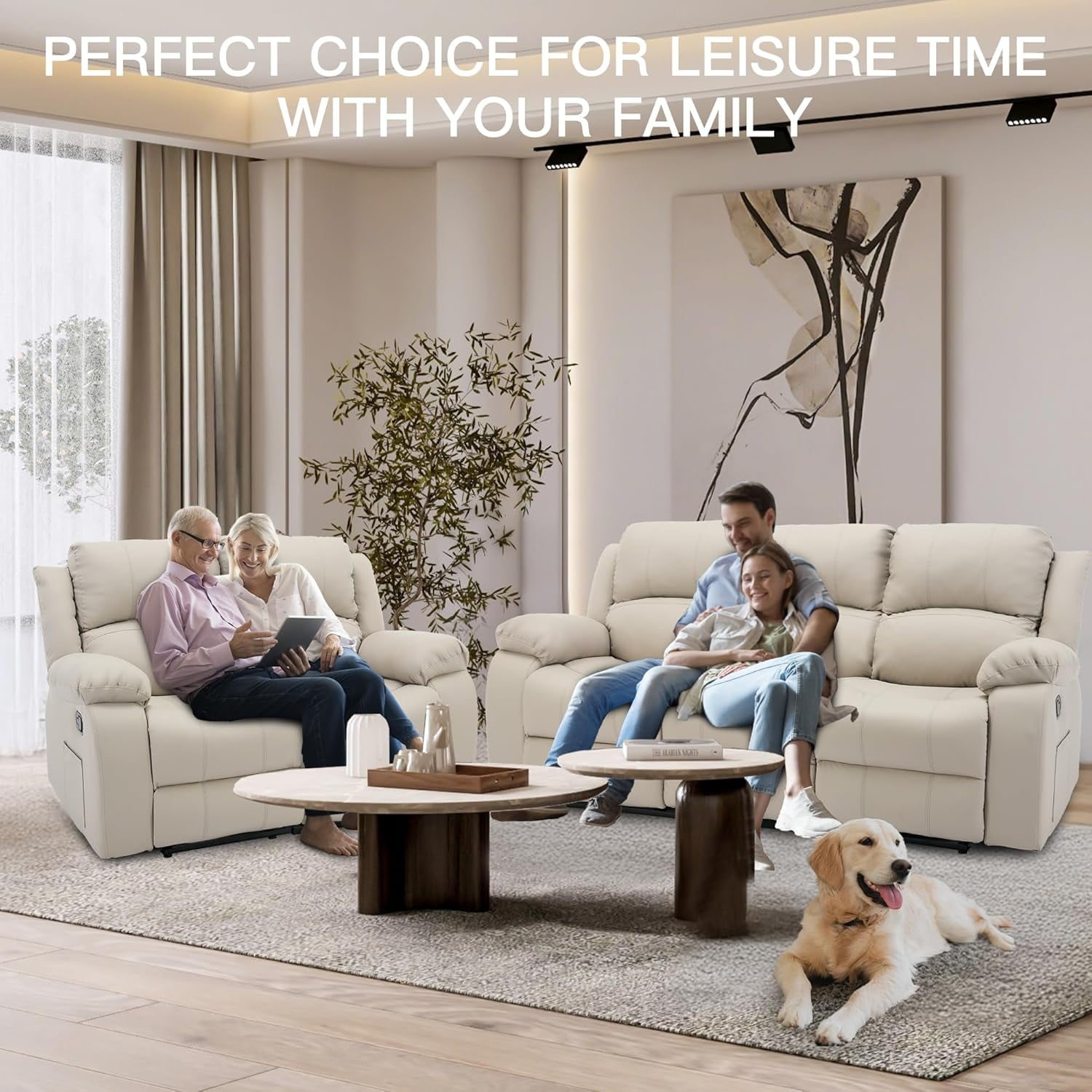 Chizzysit Reclining Couch Sleeper Sofa Set Chaise Lounge Chair Leather Recliner Couch Loveseat for Living Room, Theater Seating - Beige