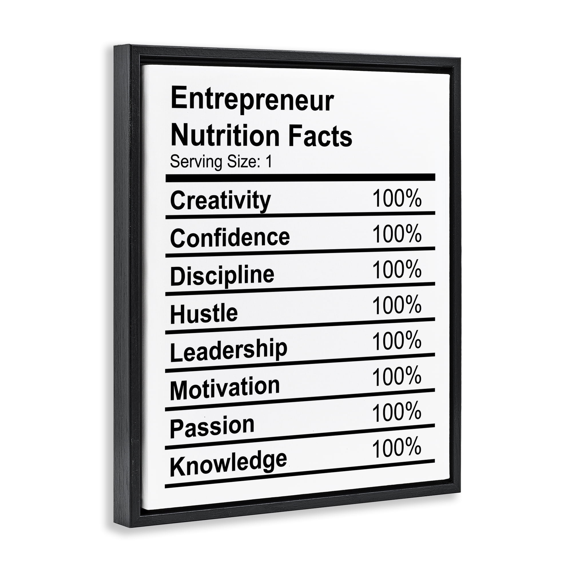 Stupell Industries Sassy Entrepreneur Nutrition Facts Text & Numbers Painting Black Floater Framed Canvas Art Print Wall Art, 17 x 21